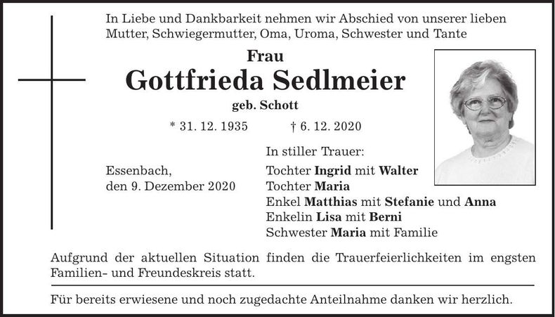 Traueranzeige Gottfrieda Sedlmeier