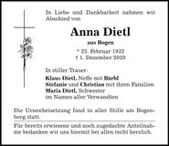 Traueranzeige Anna Dietl