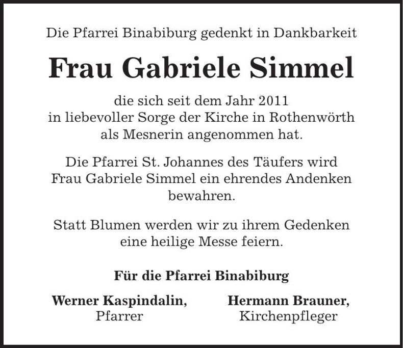 Traueranzeige Gabriele Simmel