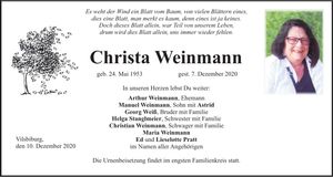Traueranzeige Christa Weinmann