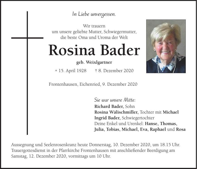 Traueranzeige Rosina Bader