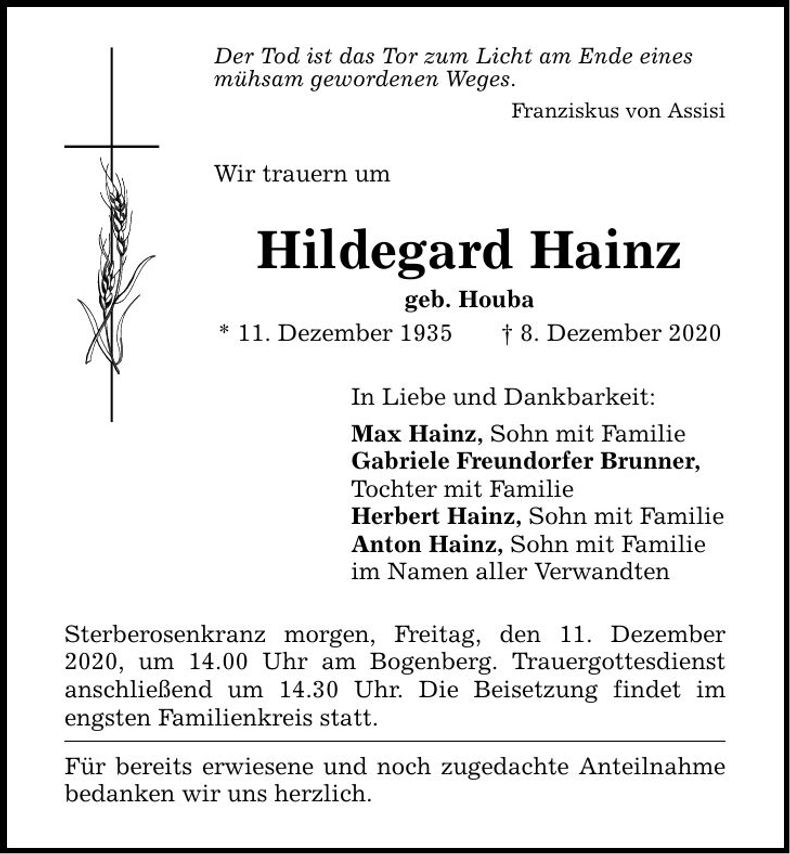Traueranzeige Hildegard Hainz