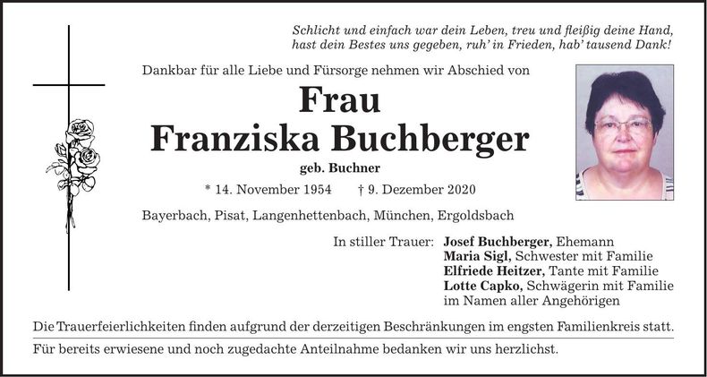 Traueranzeige Franziska Buchberger