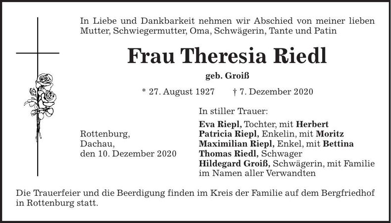 Traueranzeige Theresia Riedl