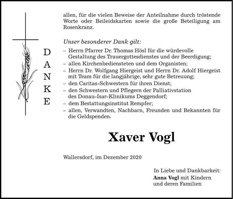 Traueranzeige Xaver Vogl