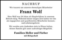 Traueranzeige Franz Wolf