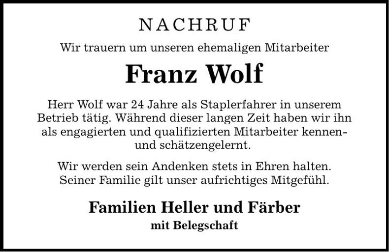 Traueranzeige Franz Wolf