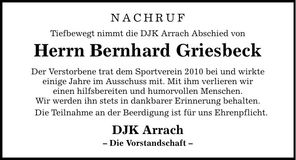Traueranzeige Bernhard Griesbeck