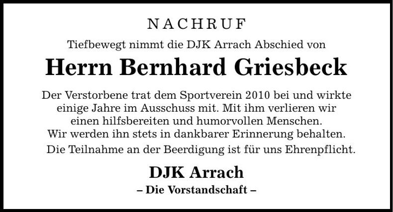 Traueranzeige Bernhard Griesbeck