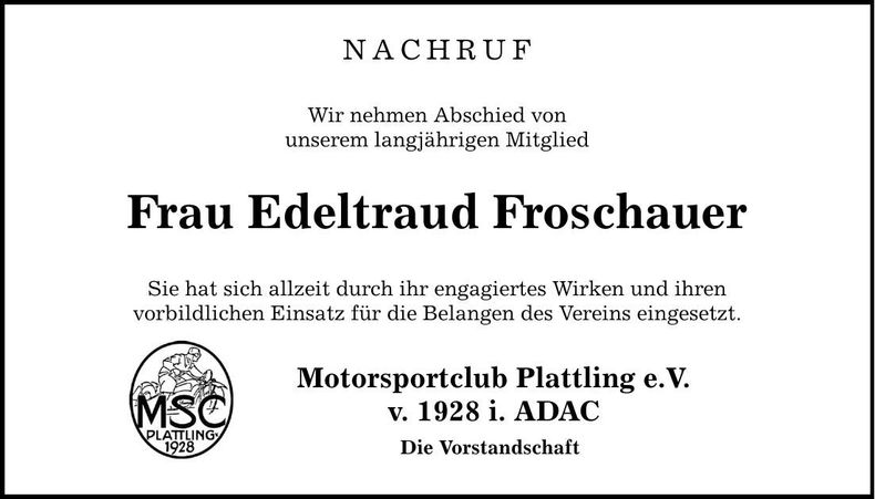 Traueranzeige Edeltraud Froschauer