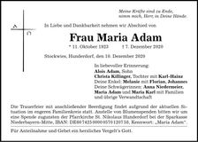 Traueranzeige Maria Adam