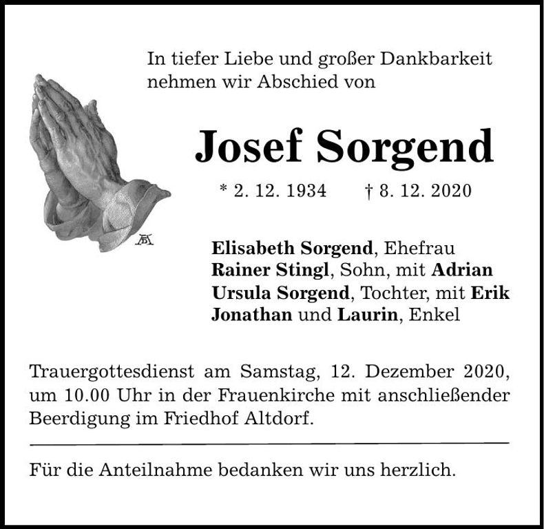 Traueranzeige Josef Sorgend