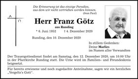 Traueranzeige Franz Götz