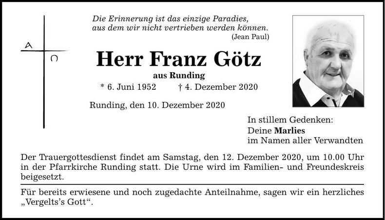 Traueranzeige Franz Götz