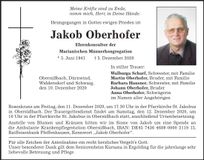 Traueranzeige Jakob Oberhofer