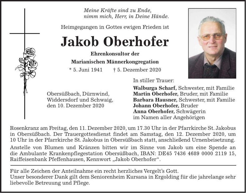 Traueranzeige Jakob Oberhofer