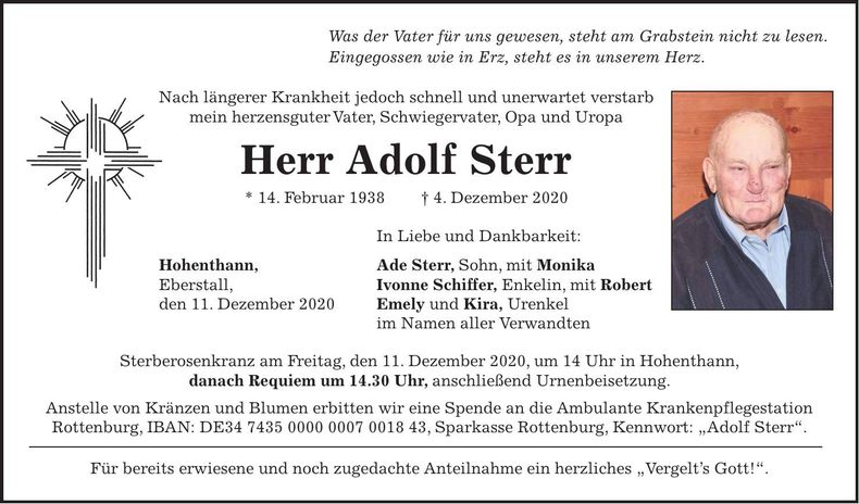 Traueranzeige Adolf Sterr