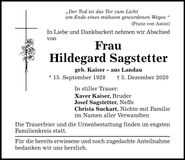 Traueranzeige Hildegard Sagstetter