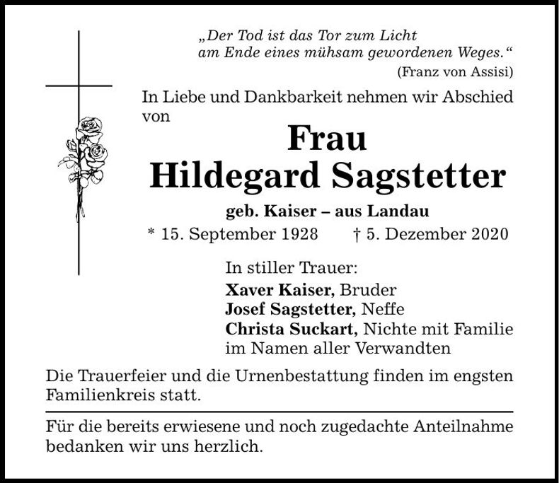 Traueranzeige Hildegard Sagstetter