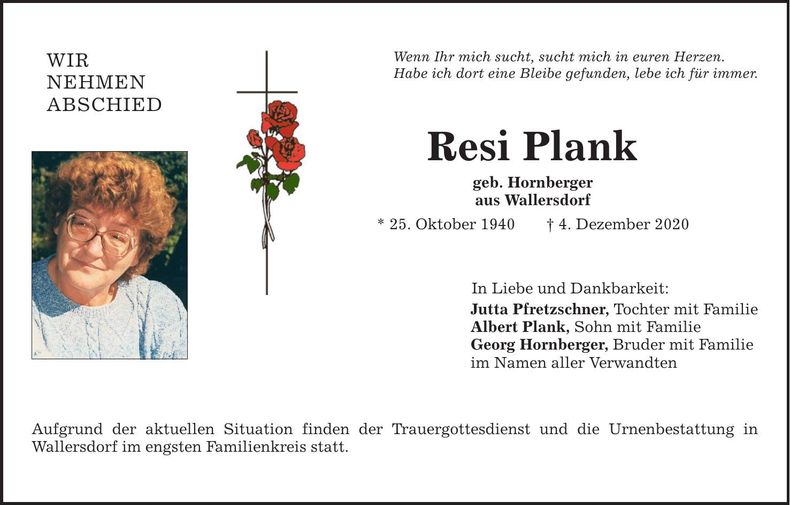 Traueranzeige Resi Plank