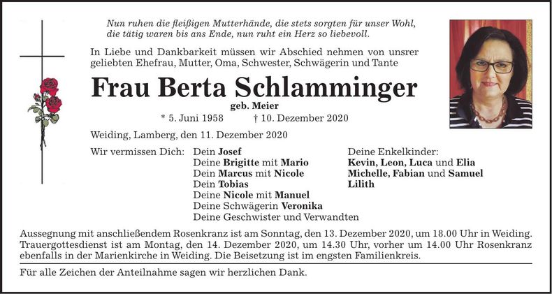 Traueranzeige Berta Schlamminger