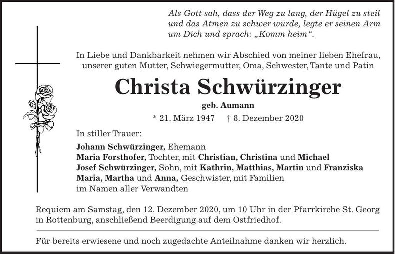 Traueranzeige Christa Schwürzinger