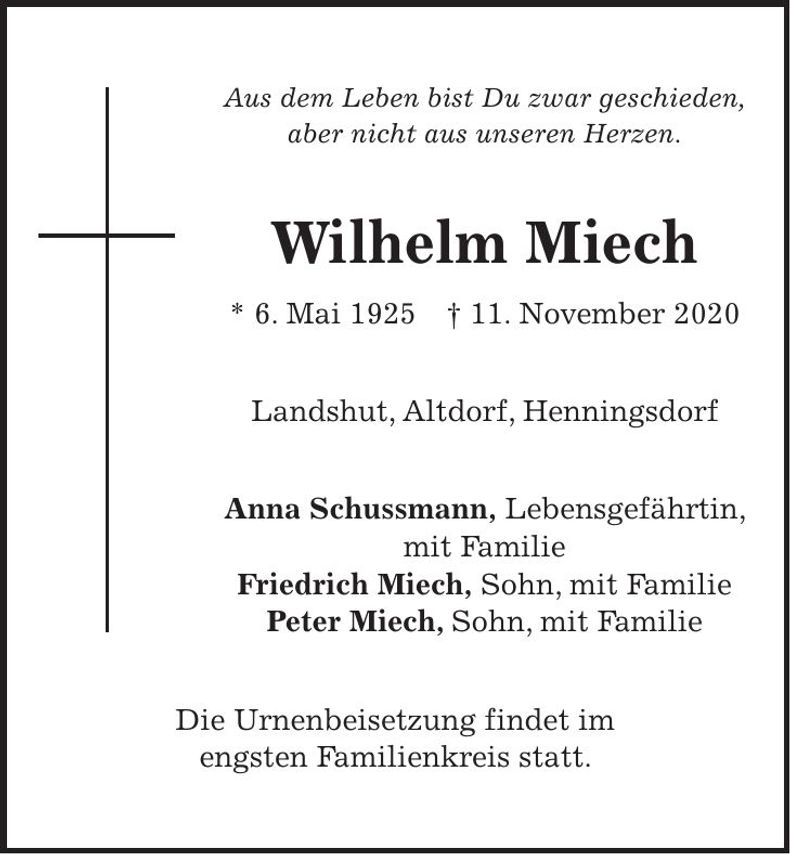Traueranzeige Wilhelm Miech
