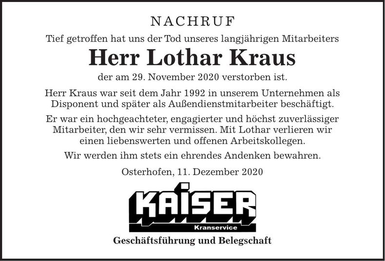 Traueranzeige Lothar Kraus