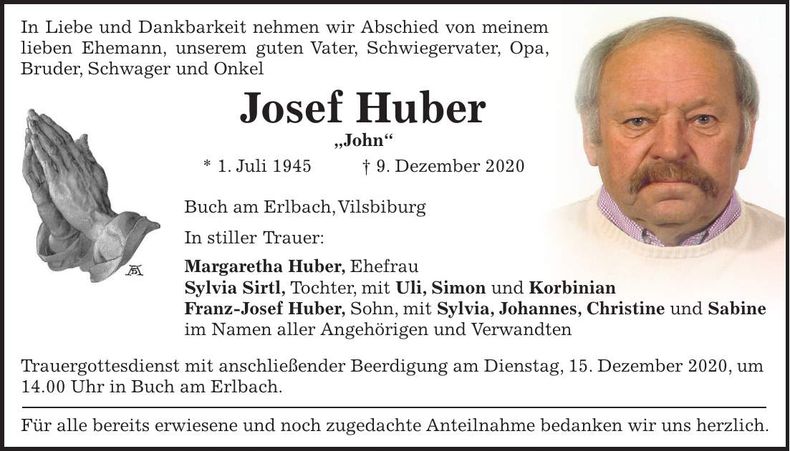 Traueranzeige Josef Huber