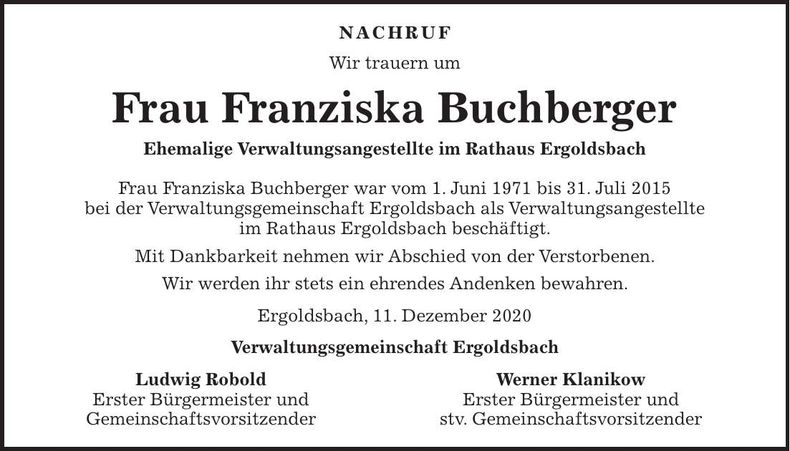 Traueranzeige Franziska Buchberger