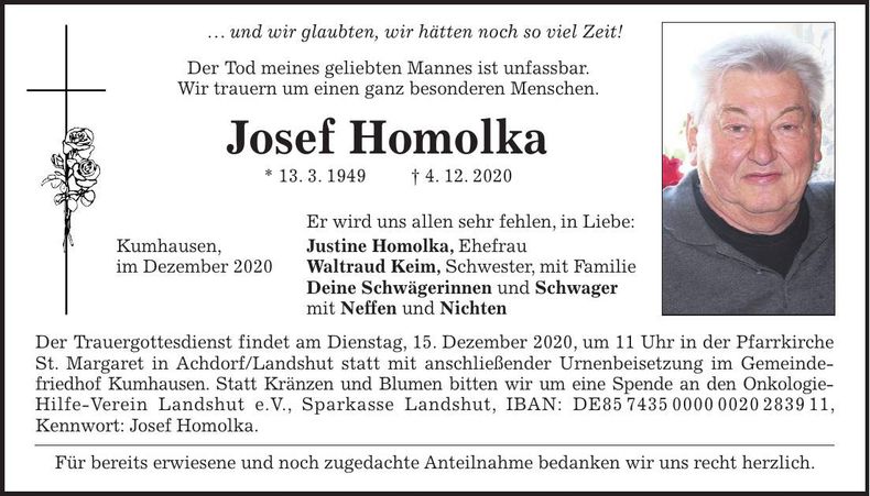 Traueranzeige Josef Homolka
