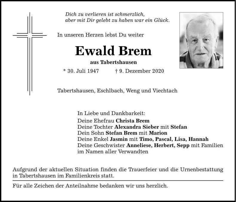 Traueranzeige Ewald Brem