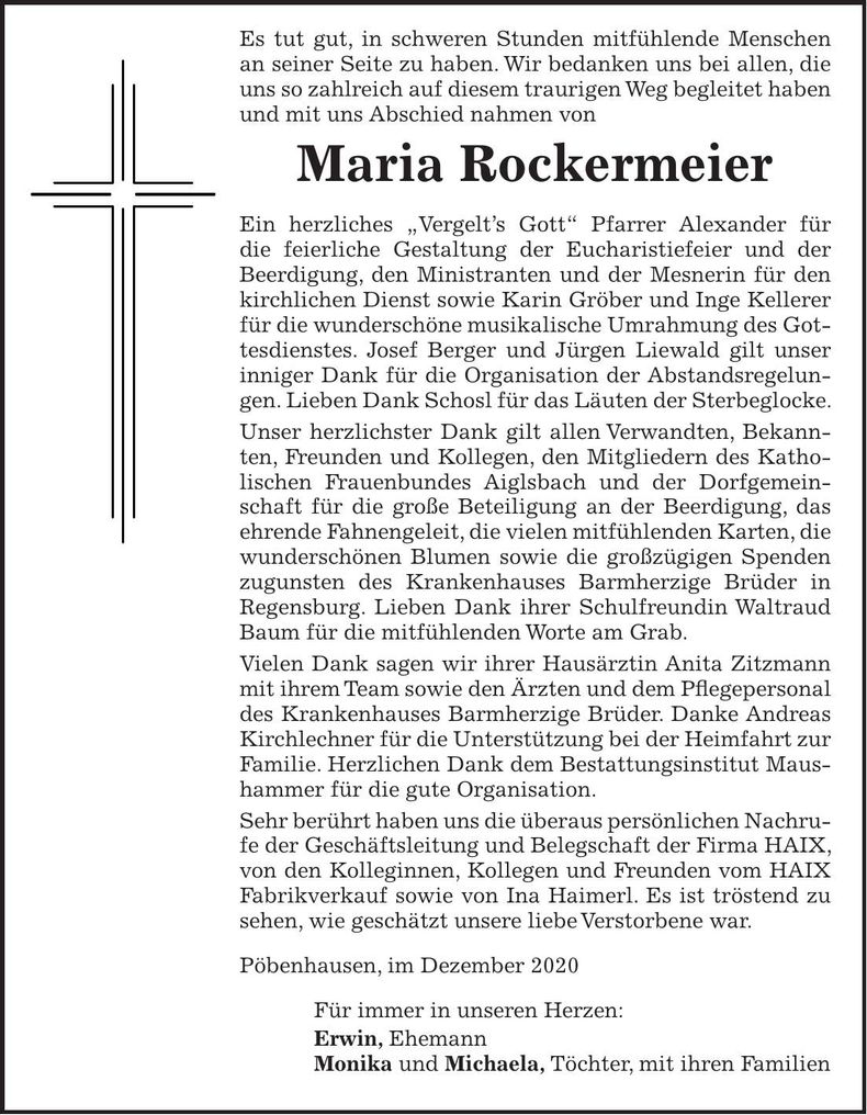 Traueranzeige Maria Rockermeier