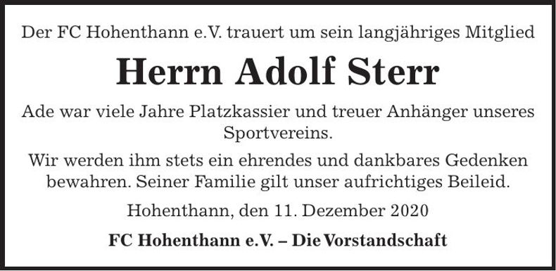 Traueranzeige Adolf Sterr