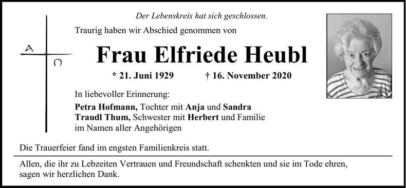 Traueranzeige Elfriede Heubl