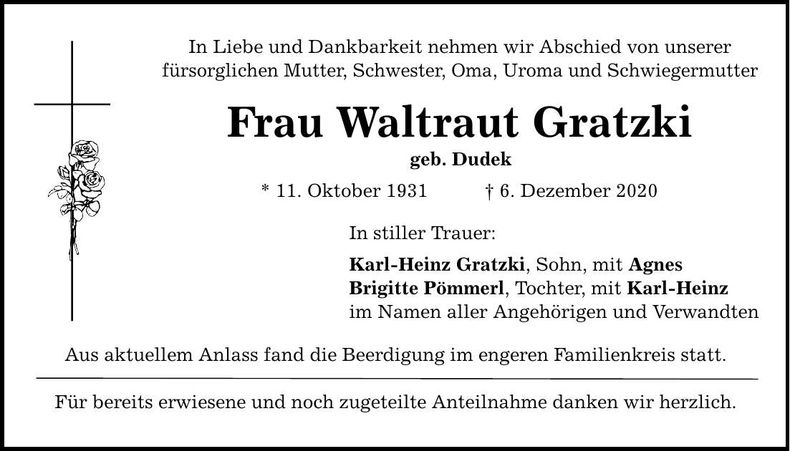Traueranzeige Waltraut Gratzki