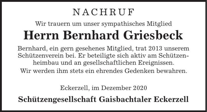 Traueranzeige Bernhard Griesbeck