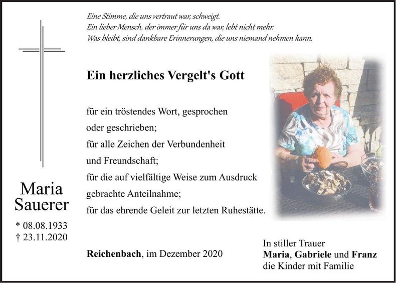 Traueranzeige Maria Sauerer