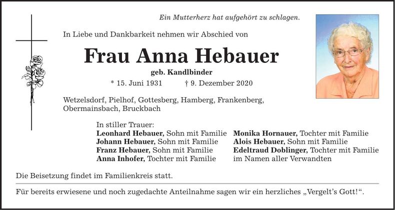 Traueranzeige Anna Hebauer