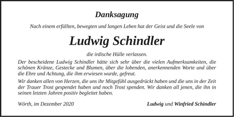 Traueranzeige Ludwig Schindler