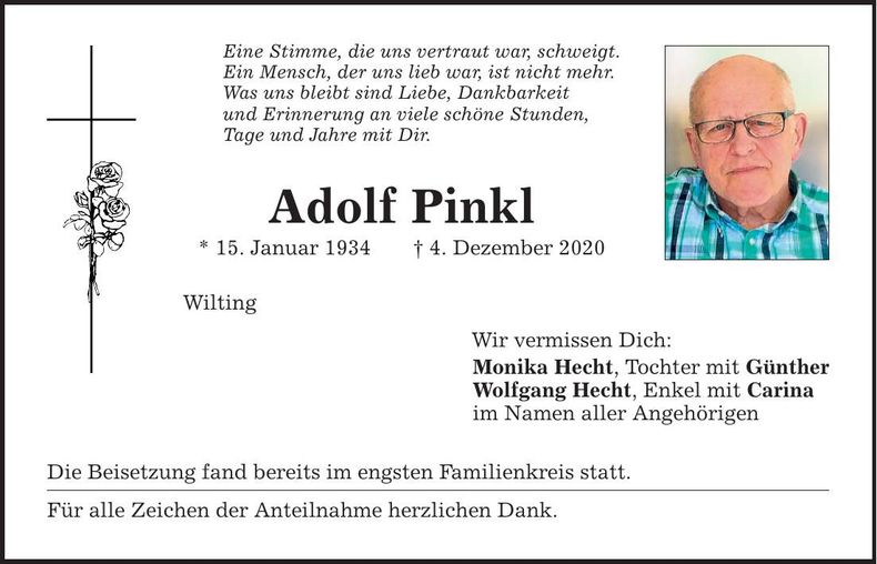 Traueranzeige Adolf Pinkl