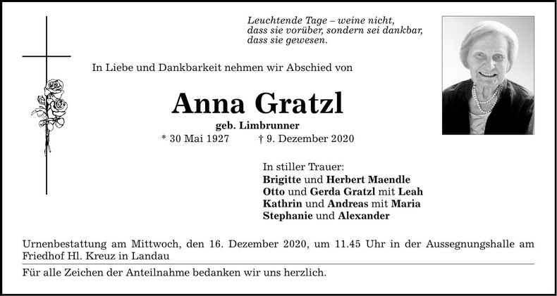 Traueranzeige Anna Gratzl
