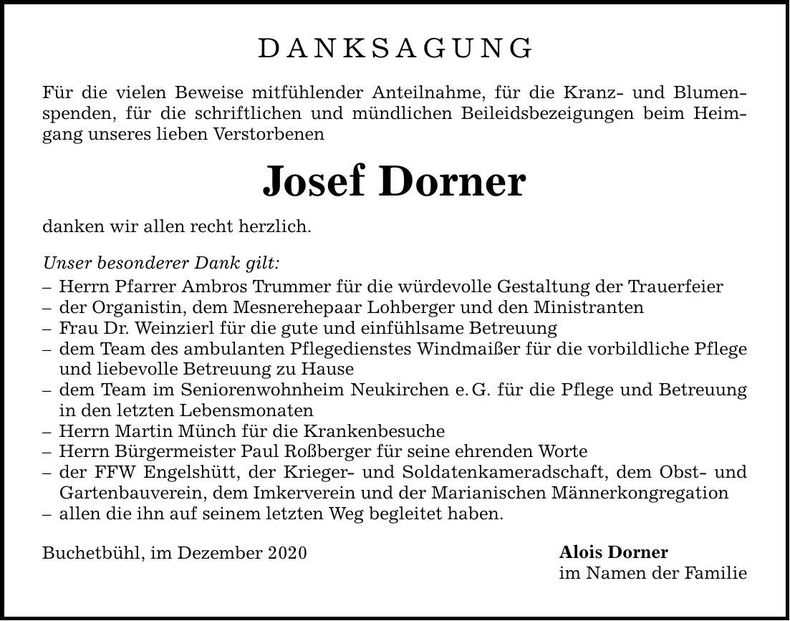 Traueranzeige Josef Dorner