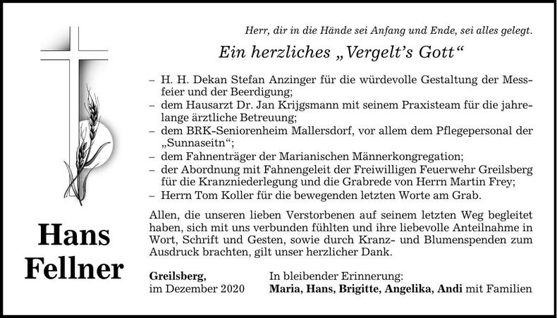 Traueranzeige Hans Fellner