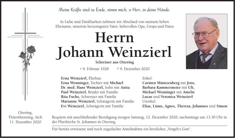 Traueranzeige Johann Weinzierl