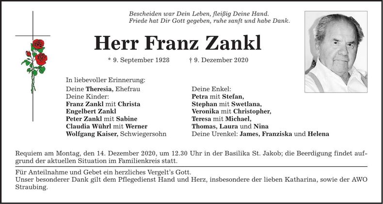Traueranzeige Franz Zankl