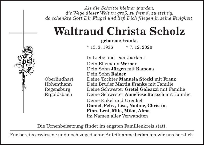 Traueranzeige Waltraud Christa Scholz
