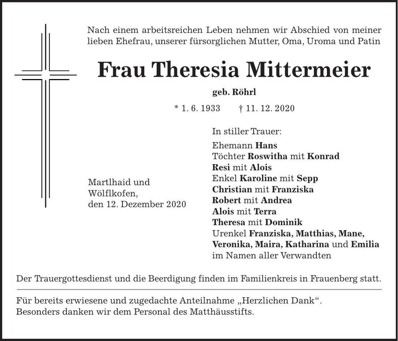 Traueranzeige Theresia Mittermeier