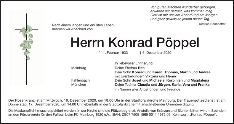 Traueranzeige Konrad Pöppel