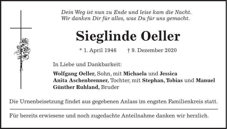 Traueranzeige Sieglinde Oeller